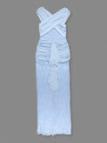 Women's Sky Blue Rhythm Fringed Long Maxi Dress 2026 New Sleeveless Ruffle Tassels Night Out Dress Clubwear Outfits