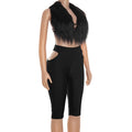 Furry Sexy 2 Piece Set Women Tracksuit Backless Tank Tops+High Waist Hollow Bike Shorts Nightclub Matching Outfits