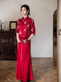 New Qipao Dress Autumn/winter Chinese Style Elegant Temperament Long Knitted Jacquard Slim Red Wedding Dress Set Qipao
