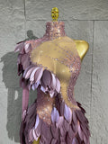 Women Sexy Purple Leaf Sequins Mesh One-Shoulder Tassel Dance Costume Suitable for Competition Performance Cocktail Party Dancew