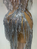 Luxury Sparkly Diamonds Tassels Sexy Mesh See Through Dress Women Evening Birthday Party Nightclub Bar Singer Stage Costumes