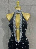 Sparkly Silver Crystal Studded Deep Cut Bodycon Satin Long Prom Gown Nightclub Dress