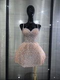 Luxury Women Sexy Strap Shining Rhinestones A-Line Mini Mesh Dress Cute Showgirl Performance Costumes TV Show Stage Wear