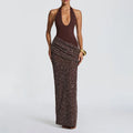 Glam Halter Cutout Maxi Dress for Women Solid Sleeveless Bodice Sequin Draped Wrap Skirt Back Slit for Evening Occasions