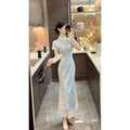 Olive Girl Blue Embroidered Qipao for Ren Faire 2026 Garden Wedding Fairycore Photoshoot Everyday Wear S-XXL XS-3XL Plus Size Embroidered Dramatic Silhouette Romantic Garden Party Editorial Not Costume Chinese Heritage Fashion Women