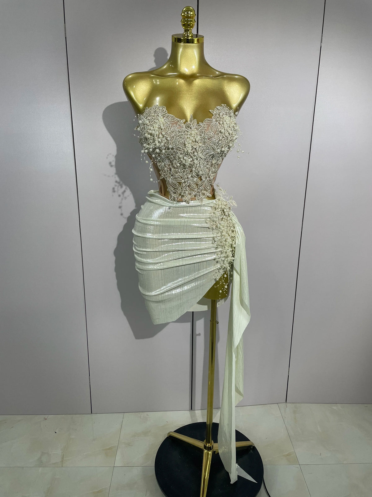 Luxury Shining Pearls Sexy Asymmetrical Skirt 2 PCS Set 2025 Women Evening Birthday Party Stage Dancer Performance Costume
