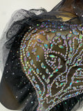 Sparkly Rhinestone Strapless Black Mesh See Through Mini Dress Women Eveing Party Birthday Singer DJ Nightclub Bar Stage Costume