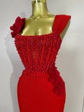 Women Red 3D Floral Beading Pearl Sexy Sleeveless Bodycon Long Bandage Dress Elegant Club Party Birthday Wedding Prom Wear