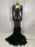 New Sexy Sparkling Red Crystals Feathers Long Sleeve Mermaid Maxi Dress Women Wedding Celebrate Luxury Birthday Party Prom Gown
