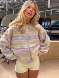 Women Rainbow Stripe Hooded Knit Cardigan Zip Front Drop Shoulder Side Pocket Loose Jacket Multicolor Textured Casual Daily Wear