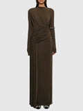 Elegant Slim Fit Folds Irregular Long Dress Fashion Women Long Sleeve Diagonal Collar Robes 2025 Chic Party Banquet Wear