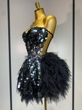 Sparkly Black Sequins Two Pieces Set for Women Party Evening Prom Celebrate Birthday Photo Shoot Dress Nightclub Dance Costume