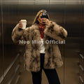 Exclusive 2026 Winter Leopard Print Faux Fur Coat Women Loud Luxury Lapel Collar Midi Long Eco Fox Fur Jacket Outerwear