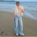 Sexy Cape Style Lace Perspective Top Women Half High Neck Short Sleeve Solid Irregular Pullover Lady Chic Casual Beach Top Cloth