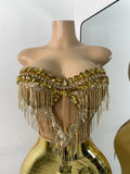 Sparkly Diamonds Top Mini Skirt Sets Gold Nightclub Performance Outfit Luxury Party Stage Celebrity Two Pieces Sets