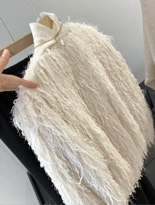 Original High-quality 2026 New Women's Round-neck Button-down Feather Decoration Metal Thread Long-sleeved Coat