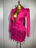 Sparkly Crystal Chains Pearls Long Sleeve Mini Dress 2025 Women Birthday Evening Party Nightclub Outfit Singer Wedding Costume