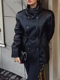 Black Slimming Leather Jacket for Women Lapel Long Sleeve Patchwork Double Breasted Fashionable Coat Female Autumn