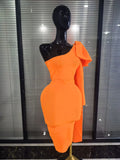 Orange Color Women Long Sleeve One Shoulder Big Bow Bodycon Midi Bandage Dress Elegant Evening Party Birthday Cocktail Wear