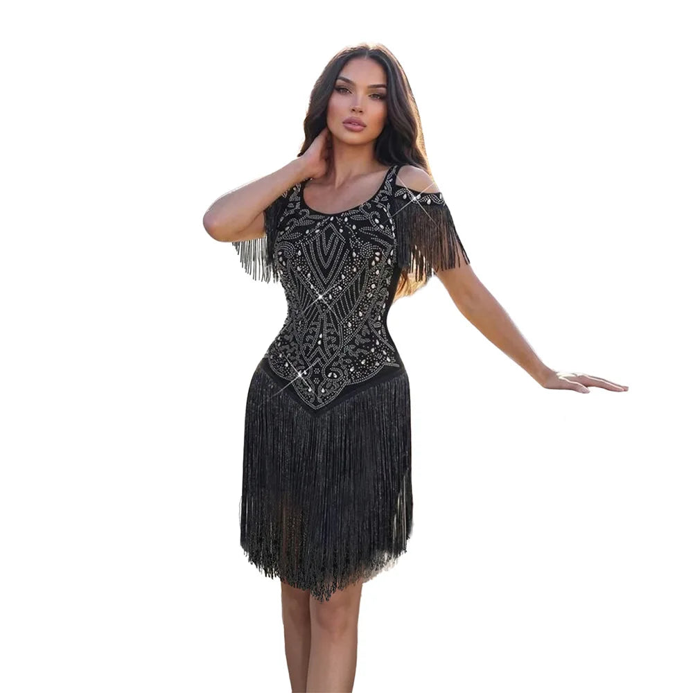 Sexy Great Gatsby Dress for Women Fringe Short Dress Birthday Night Female Clothing Sparkly Rhinestone Wedding Guest Dress