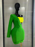 Women Sexy Dress One Shoulder Color Block Long Sleeve Bodycon Celebrity Club Birthday Evening Party Dress