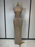 Sparkly Rhinestone Sleeveless Stretch Long Dress Women Sexy Mesh Celebrate Evening Prom Luxury Birthday Dress Evening Party Wear