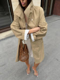 Lapel Collar Loose Mid Length Trench Coat Long Sleeve Single-breasted Striped Lining Coats Women Autumn Casual Commute Wear New