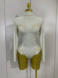 Women Luxury Birthday Evening Party Celebrate DJ Performance Nightclub Stage Wear White Full Pearl Long Sleeved Stretch Bodysuit