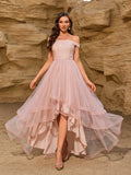 Sexy Shoulder Bared Formal Evening Gown with Asymmetrical Hem Tulle Ball Dress Glitter Birthday Party Christmas Dresses