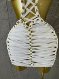 Women Sexy Sparkly White Braided Halter Mini Dress Gold Bead Trim Cutout Sides Ideal Beach Parties Vacations Special Occasions