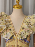 Luxurious Party Folds Design Draped Dress for Women V Neck Flying Sleeve Tunic Floral Printing Vintage Midi Dresses Female