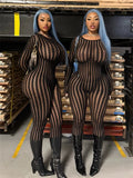 Hottie See Through Jumpsuit Women O-Neck Irregular Stripe Patchwork Jacquard Hollow Sexy Street Stretch Slim Overall