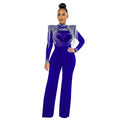 Women's Sheer Diamonds Tassel Jumpsuit See-through High Collar Hot Diamond Shoulder Padded Long Sleeved Party Jumpsuit
