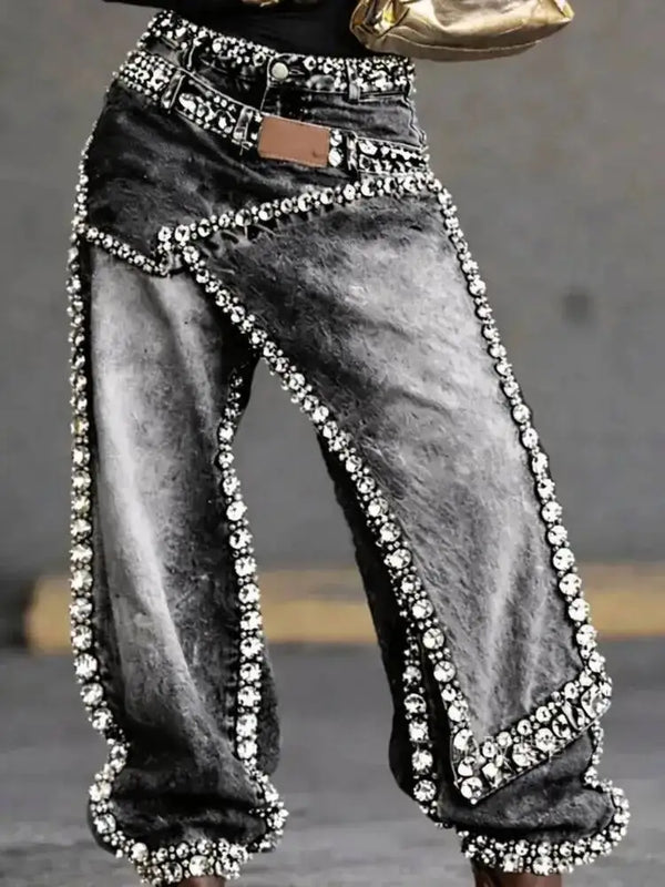 Women Jeans Wide Leg Layered Patchwork Washed Rhinestone Decor Asymmetric Streetwear Fashion Summer
