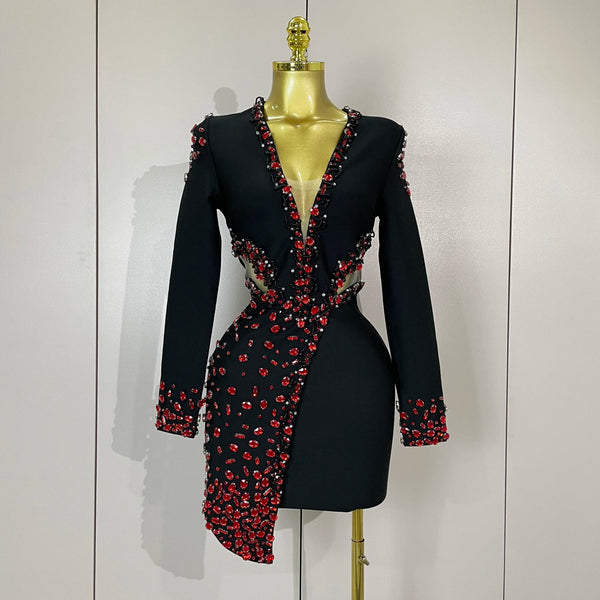 Women Celebrity Sexy Long Sleeve V Neck Rhinestone Black Bandage Dress Elegant Evening Club Luxury Birthday Party Dresses