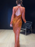 Women Sheer Lace Satin Mermaid Maxi Gown High Neck Long Sleeve Cutout Back Slim Fit Robe Formal Wedding Party 2026New Hot Gowns