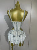 Sparkly Silver Rhinestones Tassels White Bodysuit Dress Women Sexy Eveing Party Dancer Nightclub Stage Team Performance Costume