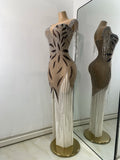 Sparkly Rhinestones Fringes Mesh See Through Maxi Dress Women Elegant Gowns Stage Night Club Celebrate Performance Costume