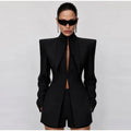 Black Shoulder Pad Two Piece Suit Chic Stand Collar Long Sleeve Hollow Slim Outfit 2026 Summer Office Dating Party Formal Suits