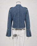 Cropped Denim Jacket Women Stand Collar Bell Sleeves Double Breasted Splicing Retro Fashion Biker-Style Coat Autumn 2026