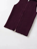 Solid Minimalist Basics Vest for Women Lapel Sleeveless Patchwork Double Zipper Slim Casual Knitted Tank Top Female