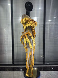 Pink Golden Women Sexy Mesh See Through Bodycon Long Dress 3D Leaves Celebrate Birthday Photoshoot Performance Costumes Wear