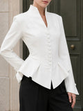 Elegant Folds Women Jackets Stand Collar Long Sleeve Single Breasted Fitted Jacket for Office Business Wear Fashion