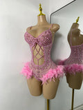 Luxury Women Sexy Shiny Crystal Feathers Hollow Out Bodysuit Nightclub Performance Dance Costume Nightclub Singer Stage Wear
