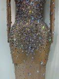 Women Sparkly Diamonds Mesh See Through Bodycon Dress Evening Birthday Party Sexy Nightclub Bar Stage Costume