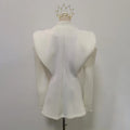 Irregular Office Tunic Coat for Women V Neck Long Sleeve Shoulder Pud Design Spliced Hollow White Jackets Female