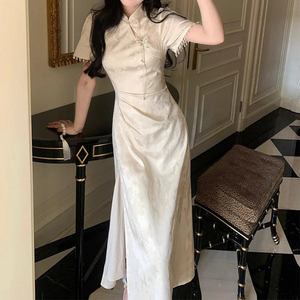 Elegant Long Qipao Summer Floral Dress for Women Chinese Cheongsam Short Sleeve Stand Collar Beige Vintage Chinese Dresses