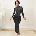 Luxury Sexy Sparkling Rhinestone Decor Top and High Waist Skinny Skirt 2pcs Set Birthday Evening Party Dress Skirt Suit