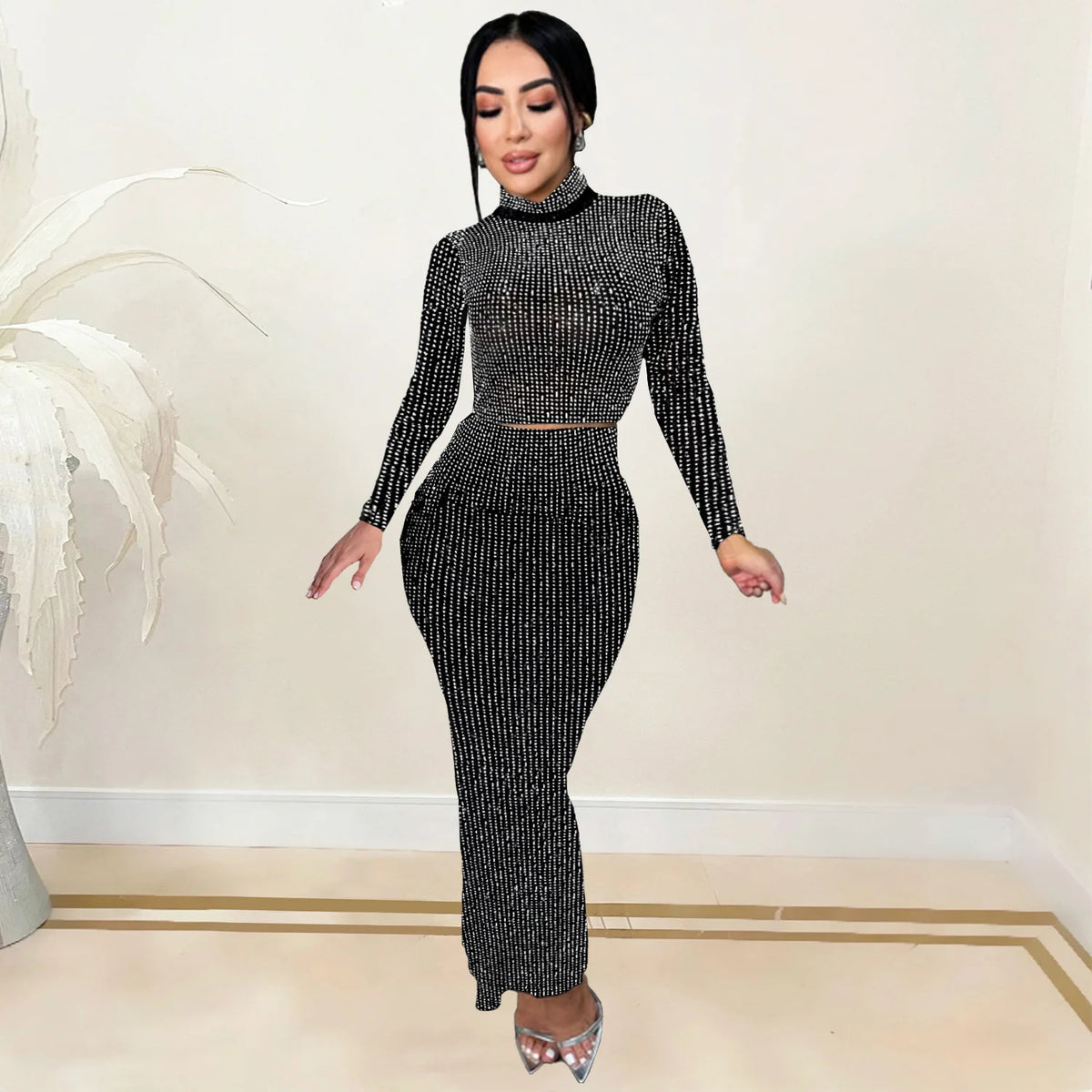 Luxury Sexy Sparkling Rhinestone Decor Top and High Waist Skinny Skirt 2pcs Set Birthday Evening Party Dress Skirt Suit