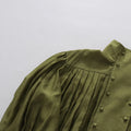 Olive Green Elegant Pleated Dress Women Fashion Solid Stand Neck Lantern Sleeve Double Breasted Loose Mini Dress Women